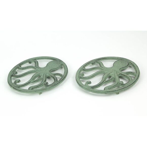 Distressed Coastal Cast Iron Octopus Sea Foam Green Trivet Set of 2 - Picture 2 of 3
